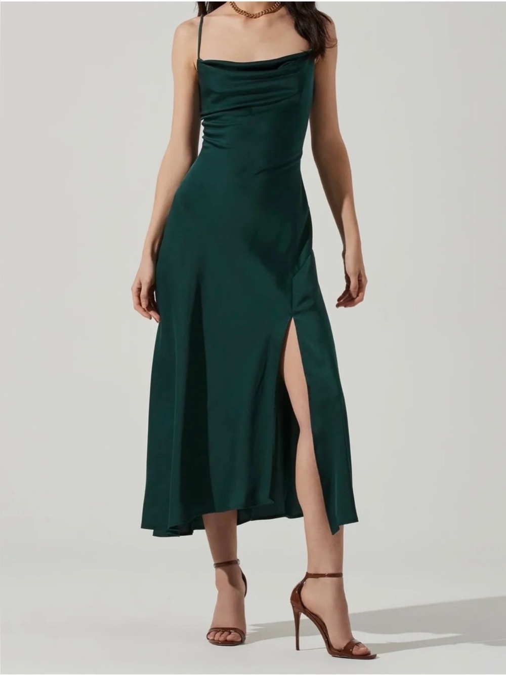 ASTR Gaia Midi Dress in Hunter Green - XS - Satin Slip Dress with High Side Slit